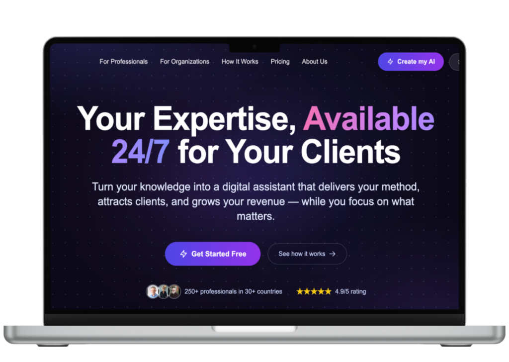 Laptop showing a dark-themed website promoting an AI assistant with the headline ‘Your Expertise, Available 24/7 for Your Clients.